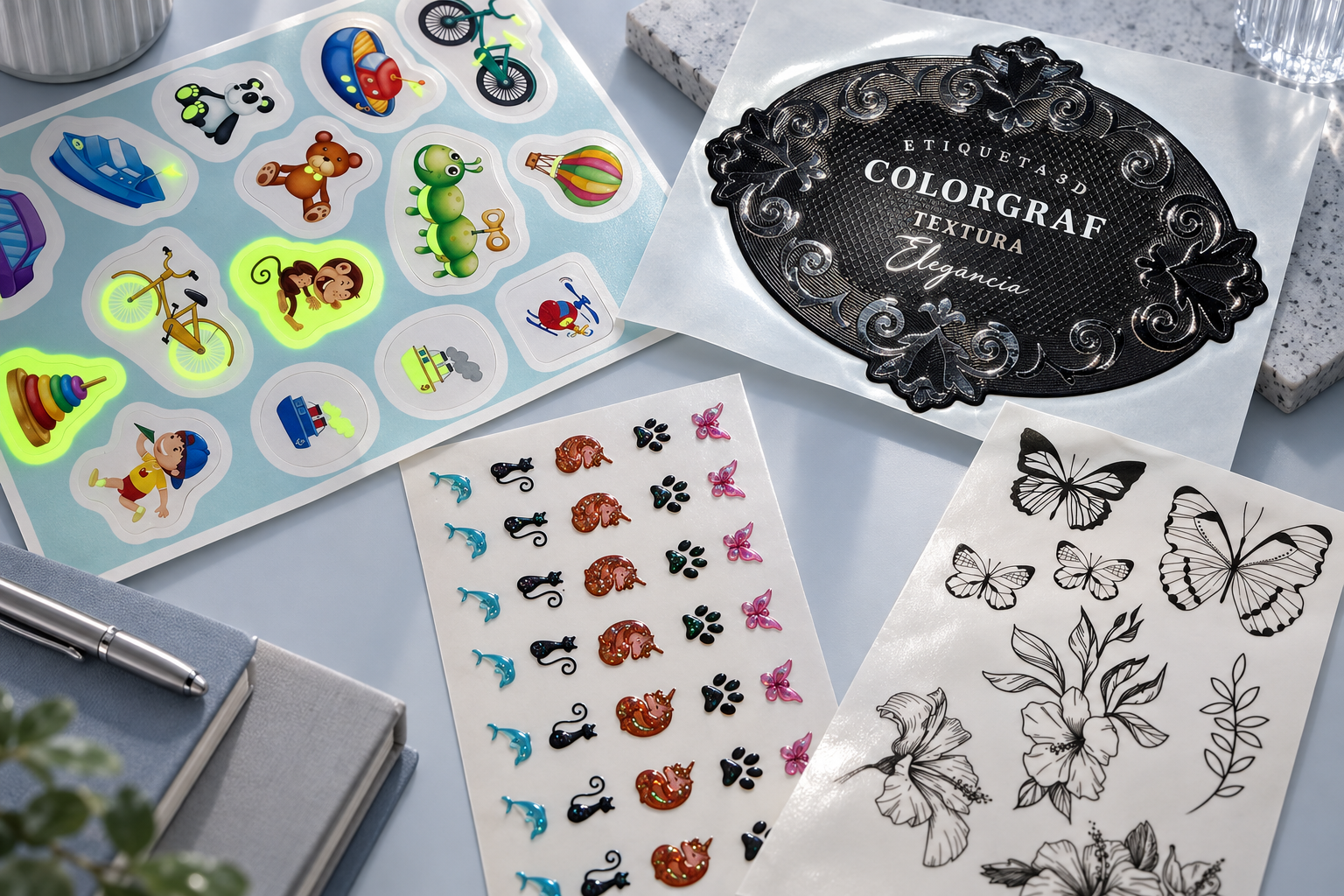 Muestrario de gráfica especializada con etiquetas en relieve, stickers glow in the dark, acabados holográficos y tatuajes temporales