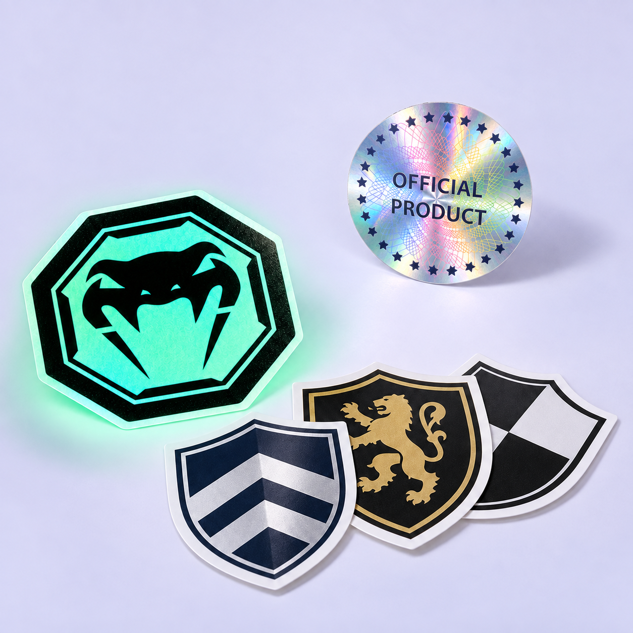 Sticker glow in the dark, etiqueta holográfica y escudos bidimensionales